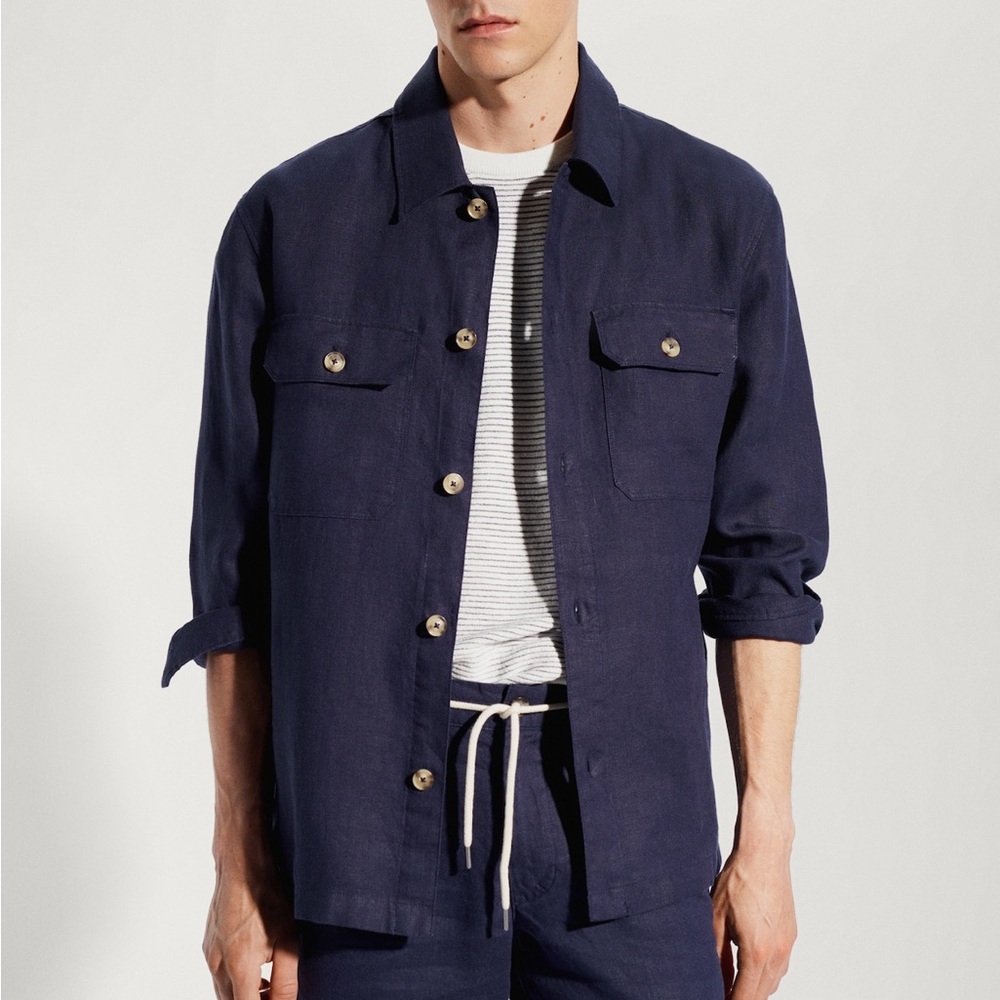 Mango Navy Blue 100% linen regular-fit overshirt